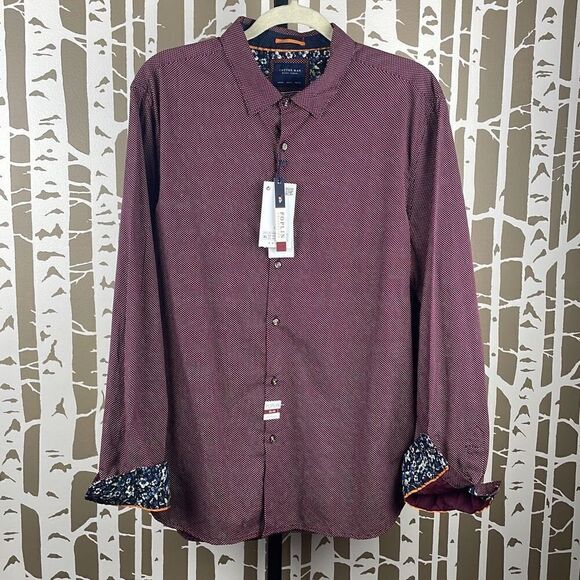 Cactus Man Ricky Singh Plum Navy Polka Dot Poplin Floral Cuff Shirt XL/44 - Picture 1 of 7